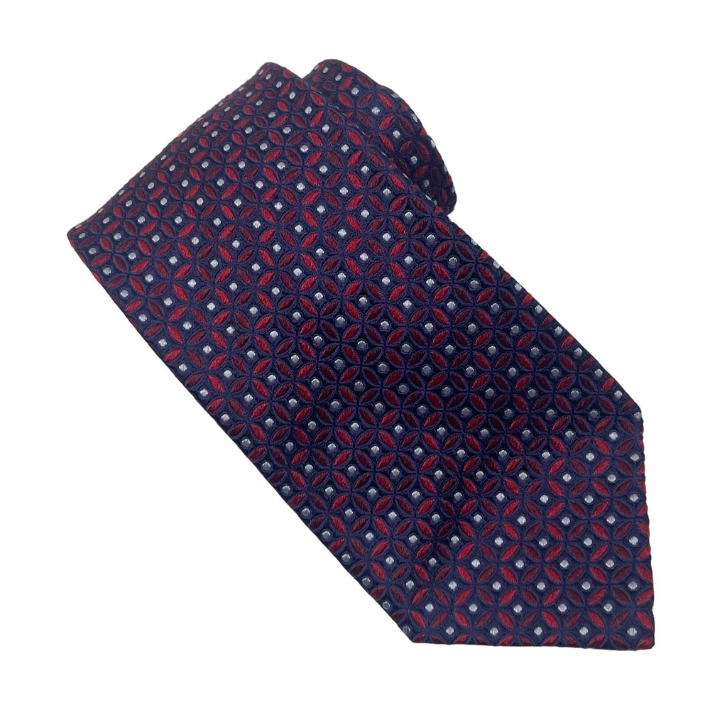 Faconnable Silk Necktie Mens OS Blue Red Geometric Medallion Silk Woven Formal